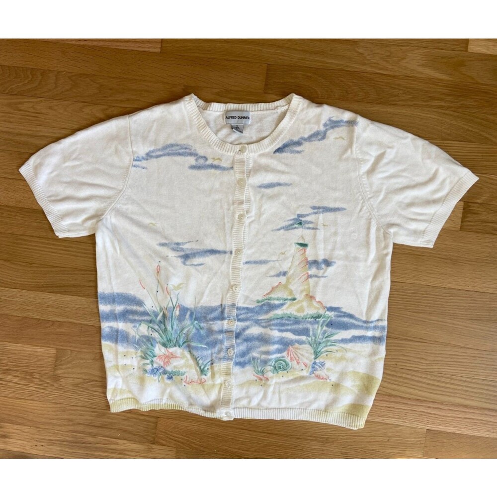 Alfred Dunner Women's 1X Knit Ramie Button Down Short Sleeve Beach Ocean Coast